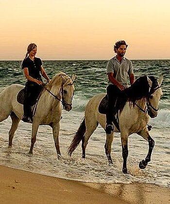 Couple horse riding on the beach