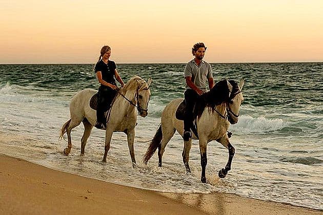 Couple horse riding on the beach